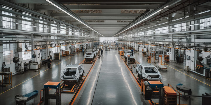 interior of a modern automotive factory with a car assembly line - Generative AI