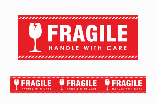 Red fragile warning label, fragile label with broken glass symbol, vector sticker fragile handle with care.