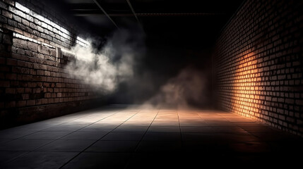 concrete floor tiles. Neon light, spotlight, smoke. Generative Ai