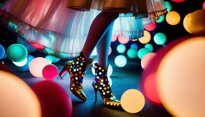 Electric nights: capturing the twinkling magic of summer festivals through dazzling shoes. Ai generated.