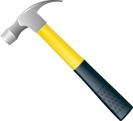 Hammer with a rubberized yellow handle. Hammer and nail puller, two in one. Industrial workers tool. Equipment for repair, contract and locksmith work. 
