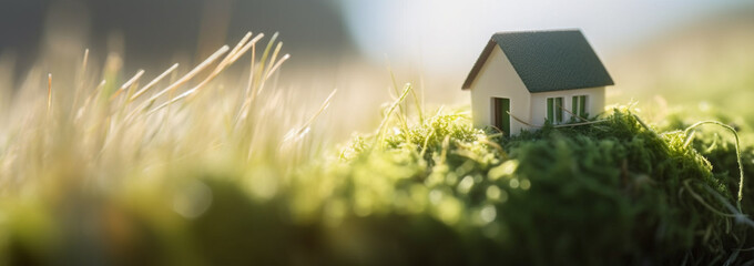 tiny house in grass during sunny weather. generative AI digital illustration