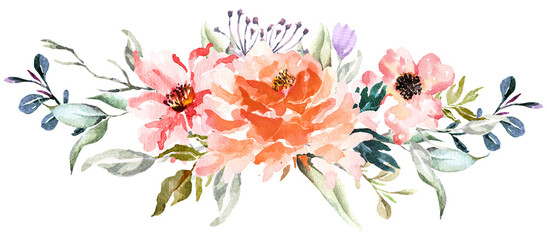 Bouquet of rose painted with watercolors.Drawing of a branch with leaves and floral.For decorating wedding invitation cards.Vintage style.Blooming flower painting for summer.