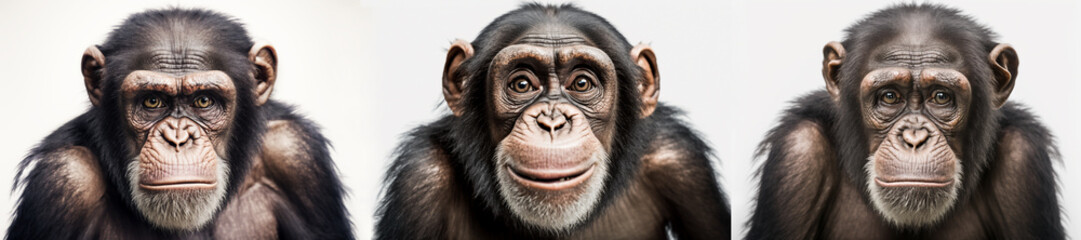 Fototapeta premium Closeup portrait of three chimpanzees with different facial expressions, sad, happy, serious. Chimp faces isolated on white background. Generative AI.