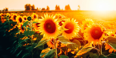 Attractive scene with bright yellow sunflowers close up on a sunny day