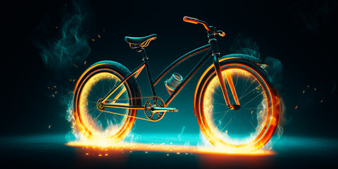 Fototapeta na wymiar Burning Bicycle in silhouettes on white background. Fire and energy