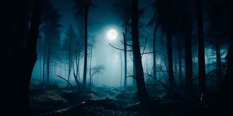 Dark forest. Gloomy dark scene with trees, big moon, moonlight. 1