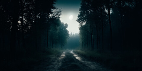 Dark forest. Gloomy dark scene with trees, big moon, moonlight