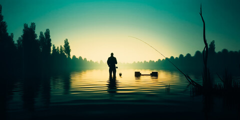 Fishing background. Fisherman catching on a lake.  