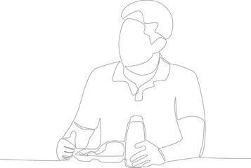 Fototapeta na wymiar A man eating while talking with his friend. Lunch at school one line drawing