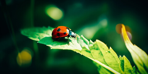 Insects, ladybug on a green leaf close up