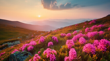 Fototapeta na wymiar Beautiful pink flowers on mountains at sunset Generative AI