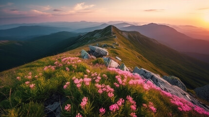 Fototapeta na wymiar Beautiful pink flowers on mountains at sunset Generative AI