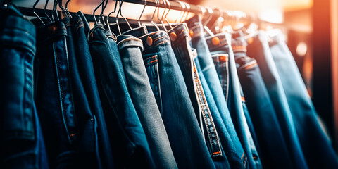 Many jeans hanging on a rack