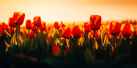 Fototapeta na wymiar Red flower tulips flowering on background yellow tulips in tulips field