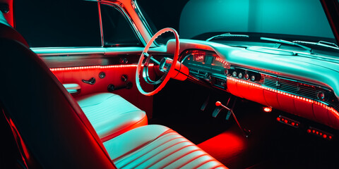 Naklejka premium Red leather interior of vintage car
