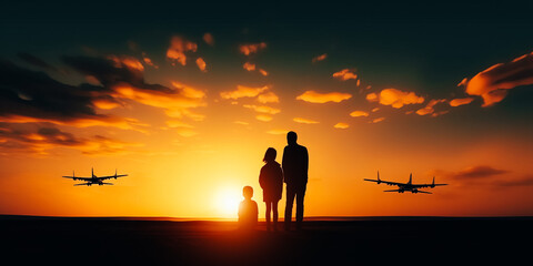 Fototapeta na wymiar Silhouette of a young family and two aeroplanes