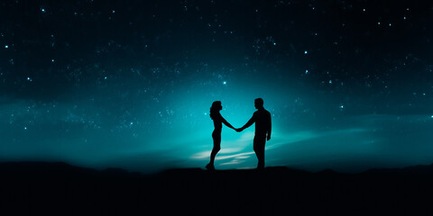 Silhouette couple man and woman holding hand together under evening sky with stars background
