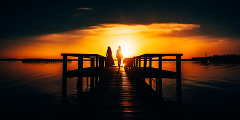 Silhouette of couple walking on pier at sunrise
