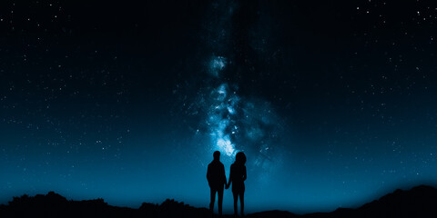 Fototapeta na wymiar Silhouette of couple with night scene milkyway background