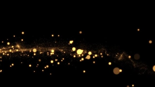 Gold Particles Moving Background. fast energy flying wave line with flashlights. Particle from below. Particle gold dust flickering on black background. Abstract Footage background for text.