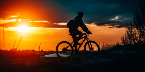 Fototapeta na wymiar The cyclist rides on his bike at sunset