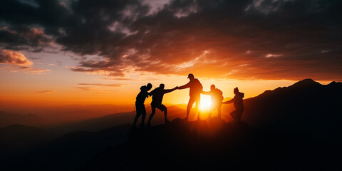 Teamwork helping hand trust assistance silhouette in mountains