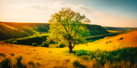 Obraz premium Willow in a flowering meadow on a sunny summer day