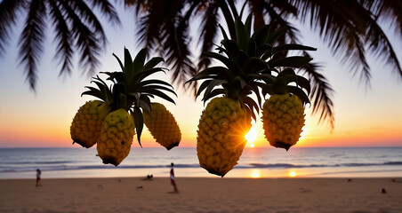 Five pineapples in the middle of the picture. In the background, there is a beach and the sea .Generative AI