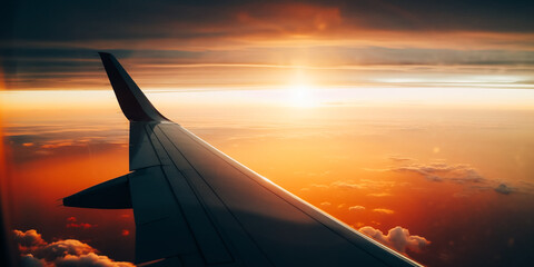 Fototapeta na wymiar Wing of airplane from window