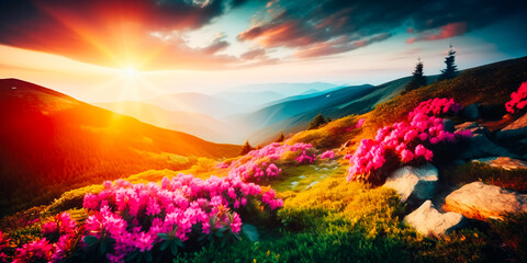 Wonderful landscape on a sunny summer day with pink flowers