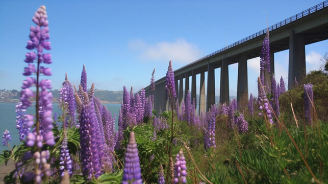 Golden Gate Bridge San Francisco purple flowers Echium candicans Generative AI