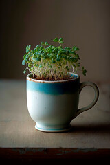 A cup filled with green sprouts. Microgreen. Generative AI