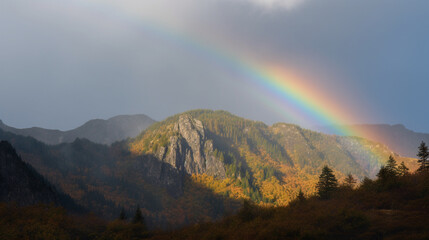 Fototapeta na wymiar Rainbow over the mountains Generative AI