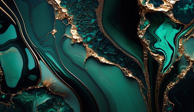 Vibrant Jade Pearlescent Marble Texture, Geometric Lines In Gold Color. Generative AI