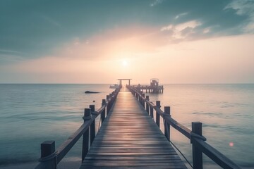  a long pier extending into the ocean at sunset with a boat in the distance. generative ai