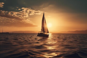 Naklejka na ściany i meble a sailboat is sailing in the ocean at sunset or dawn. generative ai