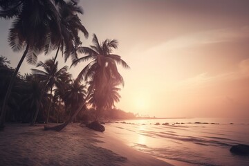 Obraz na płótnie Canvas the sun is setting on a tropical beach with palm trees. generative ai