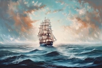 Fototapeta na wymiar a painting of a sailing ship in a stormy sea with a sky background. generative ai