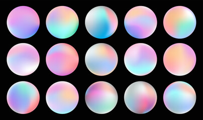 Gradient circle set, holographic vibrant round icon. Multicolor buttons can be used in banner, social media, web, as design element.