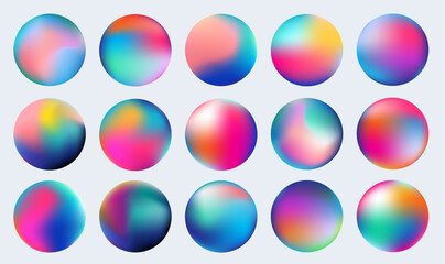 Gradient circle set, holographic vibrant round icon. Multicolor buttons can be used in banner, social media, web, as design element.