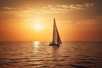 Obraz na płótnie Canvas a sailboat in the ocean at sunset with the sun in the background. generative ai