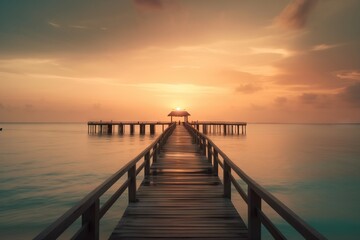  a long pier stretches out into the ocean at sunset with a pier in the foreground. generative ai