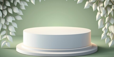 Empty podium, natural mock up display, blank eco plants stand cosmetic product fashion ads on minimal branches leaves green background. Luxury pedestal nature mockup scene platform ai generative