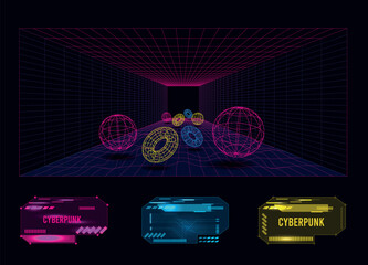 Futuristic And Cyberpunk Grid Elements with Rave Style, Geometric Retro Wireframe 3d Shapes, Abstract Background With Glowing Neon Lights.