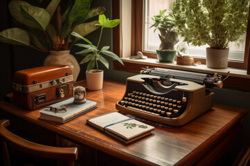 Vintage type writer on a wooden desk with coffee next to it, a notebook and pen, ai generative