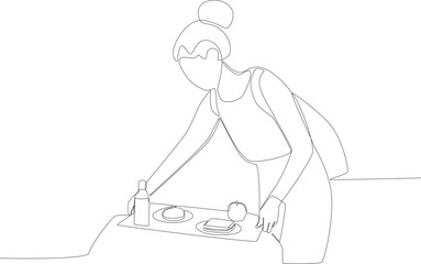 A woman preparing breakfast at school. Lunch at school one line drawing