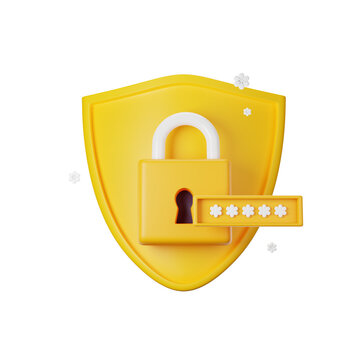 3D shield icon render, lock password secure concept, secret personal data authentication protection. Antivirus badge, internet fraud security safe clipart, PIN entry field. 3D shield padlock design