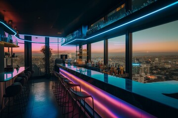 A city rooftop bar with neon lights and panoramic views Generative AI