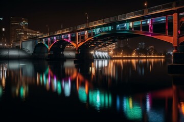 Fototapeta na wymiar A city bridge at night with neon lights and reflections in the water Generative AI